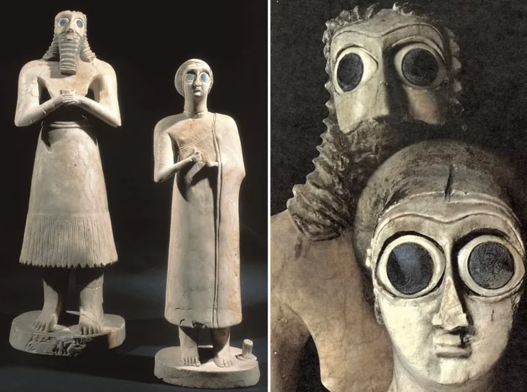 Sumerian statues of a male and female worshipper found at the Abu Temple in Tell Asmar modern day iraq. (2900-2450 BCE)