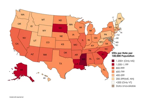 [OC] STDs per 100,000 Population by U.S. State (2021)