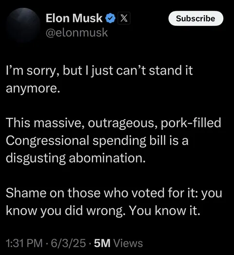Elon speaks out against the Congressional Spending Bill:
