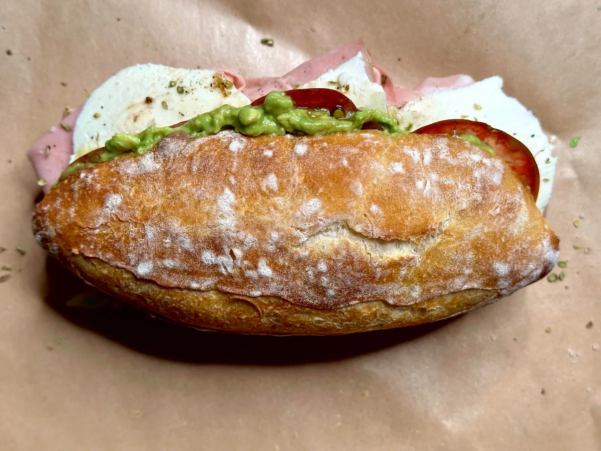 Mortadella, mozzarella, and avocado on [homemade] sandwich roll