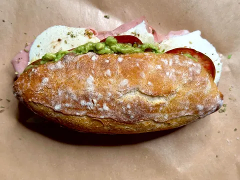 Mortadella, mozzarella, and avocado on [homemade] sandwich roll