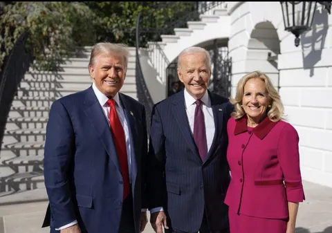 President-Elect Trump, President Biden, and Dr. Jill Biden posing outside of the White House.