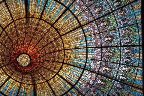 Great stained glass ceiling of the Palau de la Música Catalana, in Barcelona, Catalonia