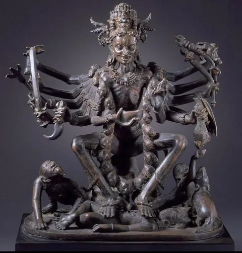 Copper sculpture of the goddess Chamunda. Nepal, 14th century and the second from 8th Century, Jajpur, Orissa, India.
