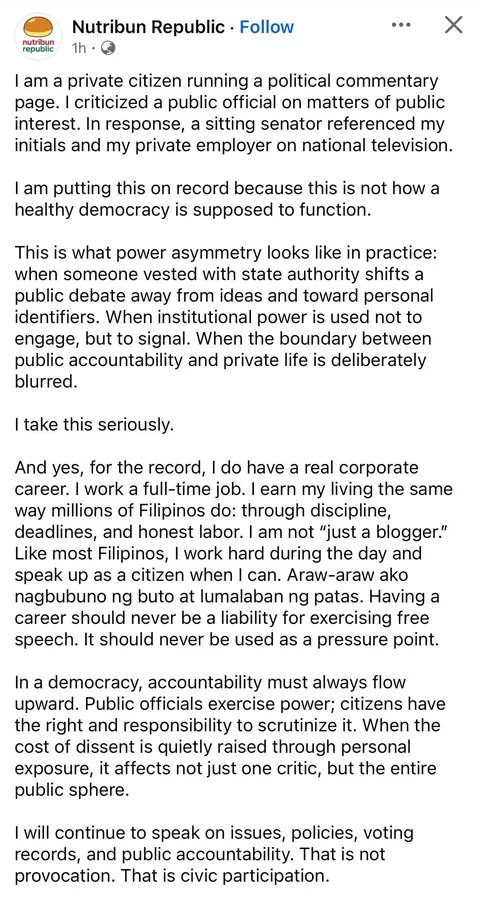 Nutribun Republic was nearly doxxed by a sitting senator on national television and released a statement about it, with the likes of Heidi Mendoza voicing their support