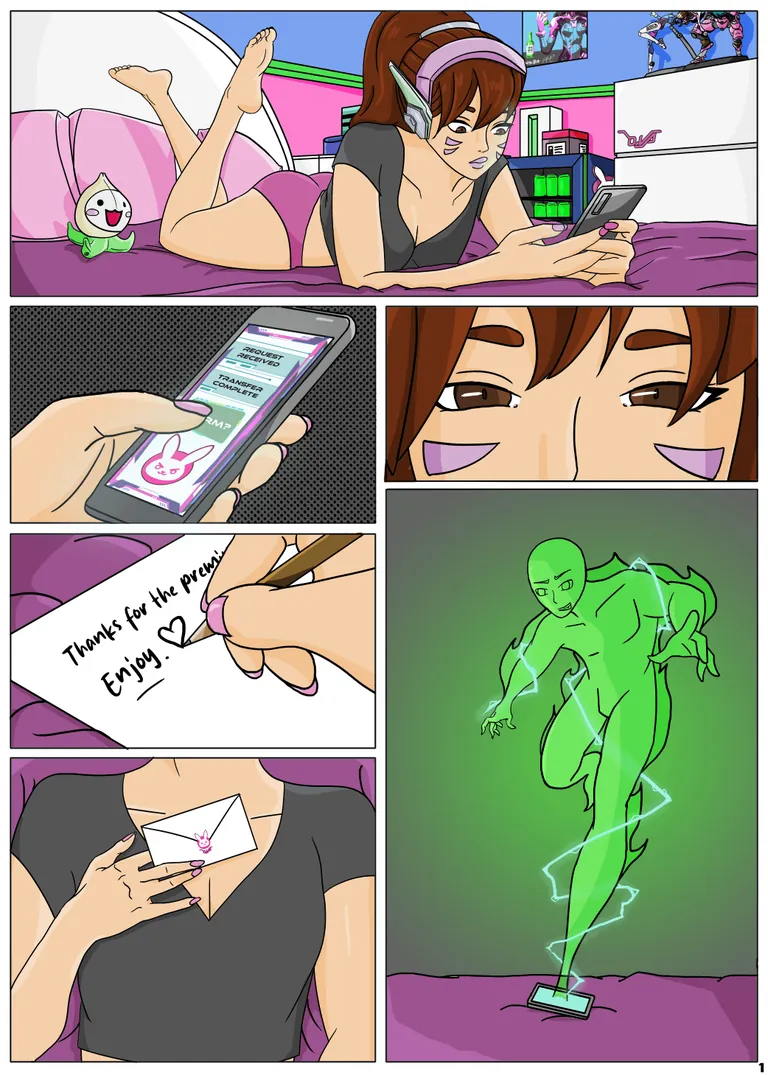 DVA has become one of the top Hosts on Rent-My-Body.com, having done well over a hundred jobs over the past few months. Todays rental was only meant to be for a few hours but this sneaky renter knows a trick or two to get some extra time. | Full comic on Possession Hub [Overwatch] (NebulousNicole)