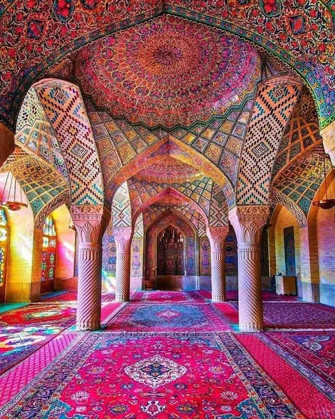 The Nasir al-Mulk Mosque, also known as the Pink Mosque, built between 1876 and 1888 in Shiraz, Iran, during the Qajar dynasty.