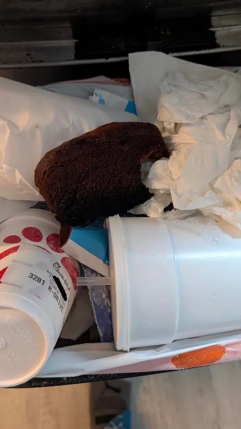 I baked banana bread for the first time. Woke up and an entire slice was in the trash with a bite out of it