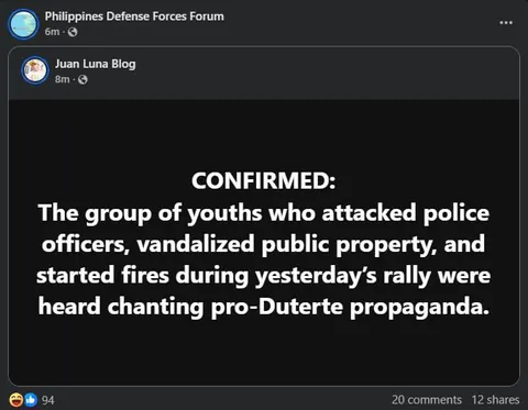 Youths who attacked police officers, vandalized public property, and started fires during yesterday’s rally were heard chanting pro-Duterte propaganda, over 100 arrested.
