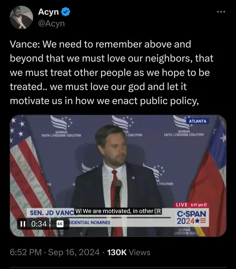 Guy who stokes hate and division in his home state says "love thy neighbor."