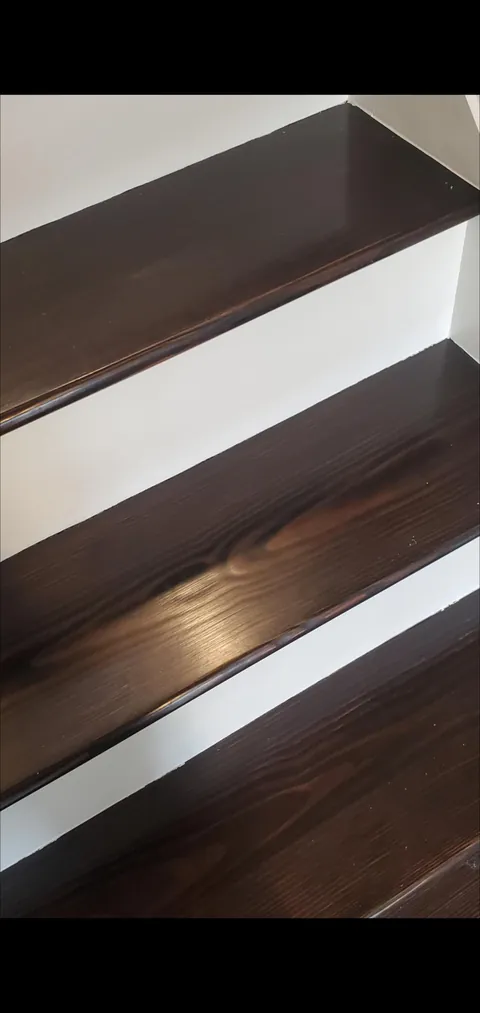 Carpeted pine stairs → sanded and stained wood (first woodworking project from start to finish)