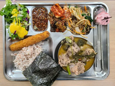 My Korean School Lunch of Oxtail Soup, Japchae, and Various Banchan