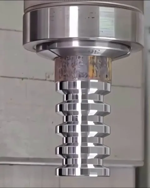 CNC lathe carving the grooves for a steel nozzle