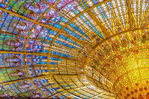 Great stained glass ceiling of the Palau de la Música Catalana, in Barcelona, Catalonia