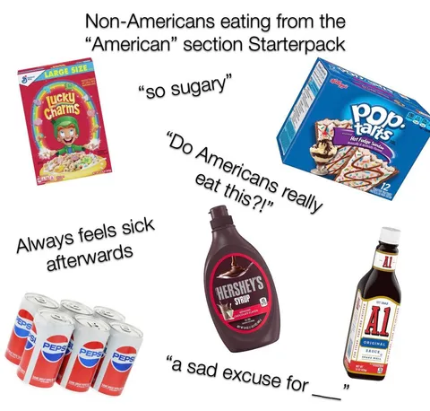 Non-Americans eating from the “American” section Starterpack.