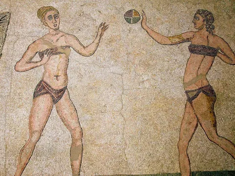 Roman mosaic of female athletes playing ball at the Villa Romana del Casale of Piazza Armerina, Roman Sicily, 300s AD