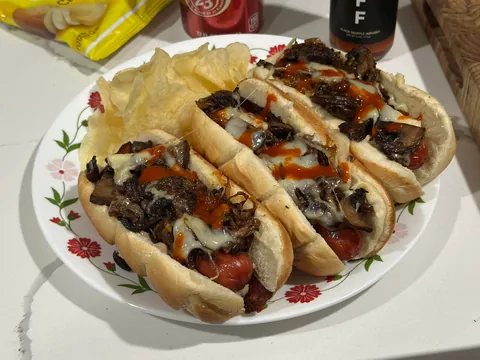 [homemade] mushroom, onion and swiss dogs