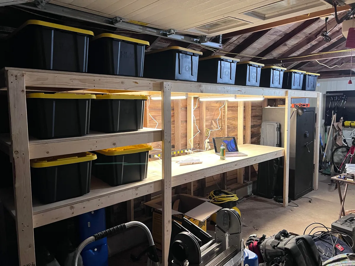 Completed a weekend project! Shelves and a workbench built into my garage.