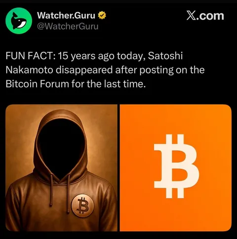 15 years ago today, Satoshi Nakamoto disappeared after posting on the Bitcoin Forum for the last time