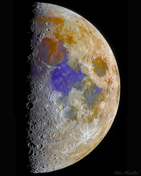 [OC] I photographed the 54% phase mineral Moon from my backyard in Kyiv. I used an amateur telescope and stacked hundreds of frames to reveal its hidden surface colors.