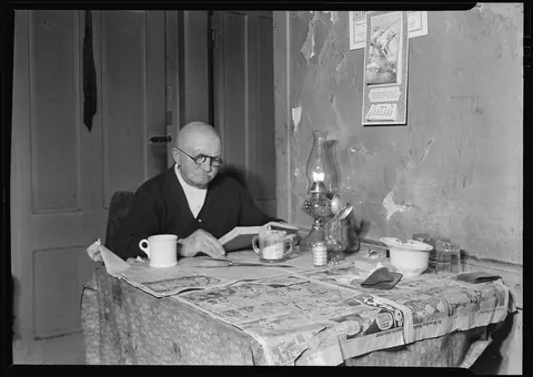 Portrait of retired 78 year-old silk worker ($18 a month pension) who lives over cafe, Paterson, New Jersey, March 1937.