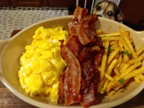 Eggs, bacon, and french fries