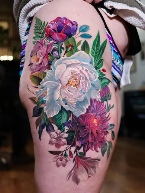 Mixed floral arrangement thigh piece by @angel.antonio.tattoos of Black Atlas Studios, Chicago