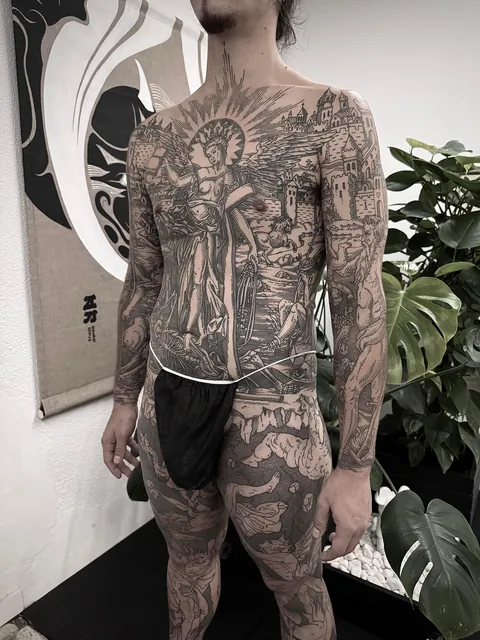 Full body suit in progress made by me (Ivan Zagusta) at Zaraza tattoo shop in Warsaw, PL