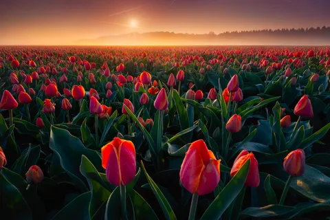 Endless red tulips with ground fog on a beautiful morning. A shot I had been wanting to capture for years and this year I finally got it! The Netherlands (OC)[1920x1280]