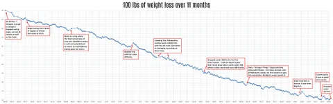 Daily charted my weight loss of 100 lbs over 11 months [OC]