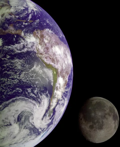 The Earth and Moon as seen by the Galileo spacecraft in 1992.