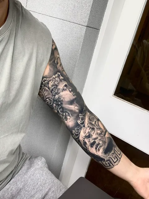 HEALED Inside of my Greek sleeve by Glen Middleton at tattoo movement, Sydney