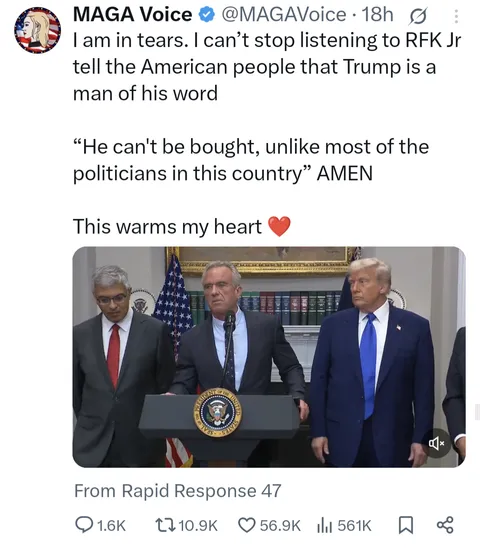 Meanwhile, the whole world is in tears laughing after RFK Jr. said about Trump: "He can't be bought, unlike most of the politicians in this country"