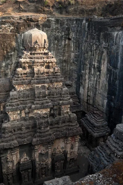 Temple carved from single rock, top to bottom- Kailasa Temple, Maharashtra, India.