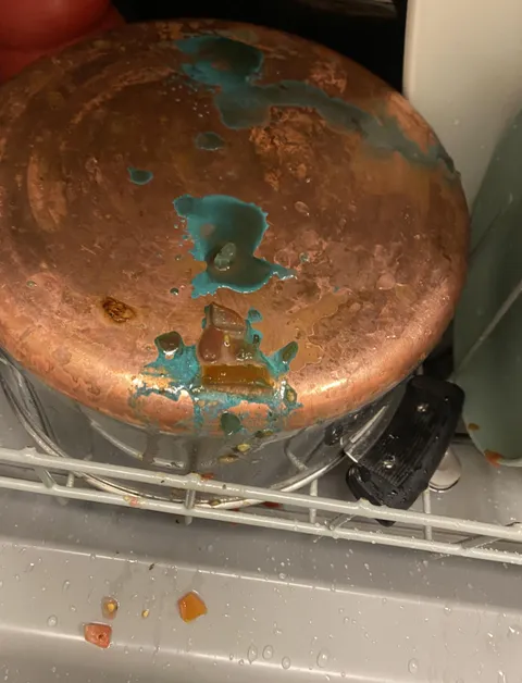 salsa dripped onto my copper bottom pot and turned blue
