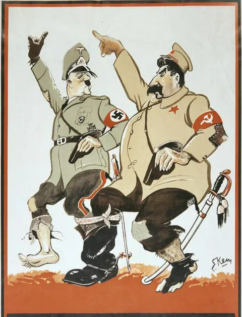 Hitler and Stalin walking in one shoe during the Polish invasion in September 1939