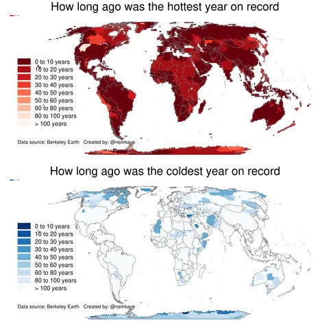 How long ago were the hottest and coldest years on record around the world. [OC]