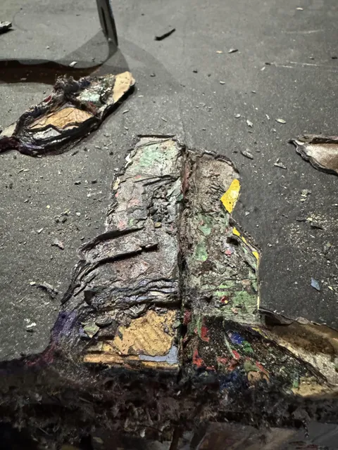 Layers of paint from a stage floor at my theatre that is being replaced after 57 years.