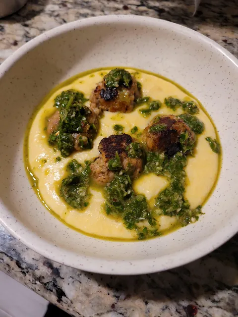 Veal Meatballs with Chimichurri on Manchego Polenta