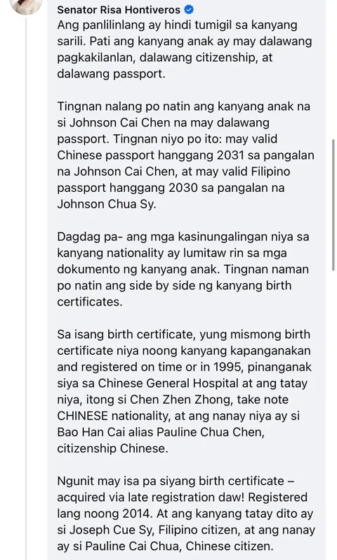 Senator Risa Hontiveros exposes local businessman Joseph Sy as a Chinese national named Chen Zhong Zhen, who is allegedly involved in foreign interference activities