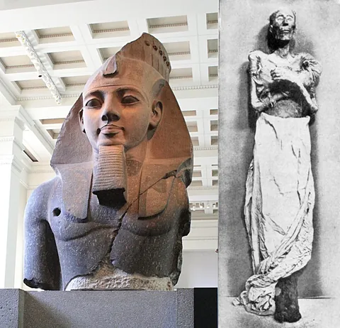 Statue (Left) and Real body (Right) of Ramesses II, One of the Greatest Pharaoh in entire Ancient Egyptian History who lived over 3,200 years ago during the 13th Century BCE