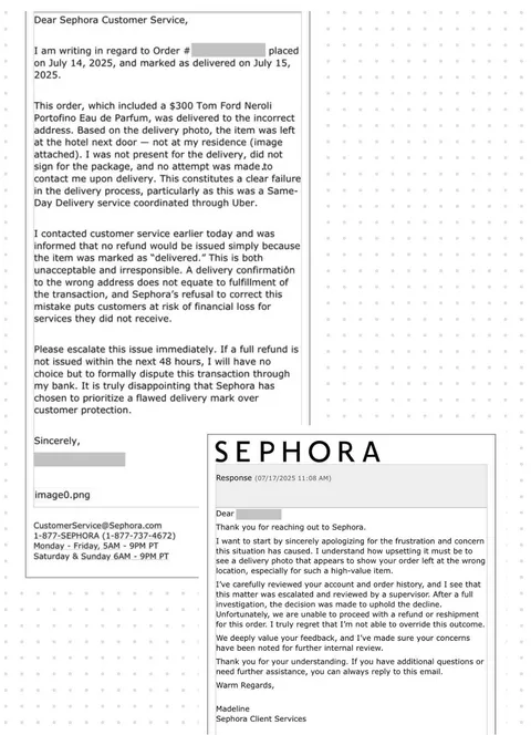 $300 perfume “delivered” to the wrong address — Sephora refuses refund.