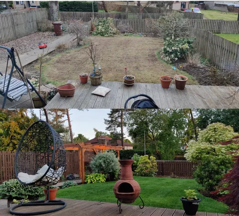 New home with a neglected garden + 3 months later with a lot of hard work.