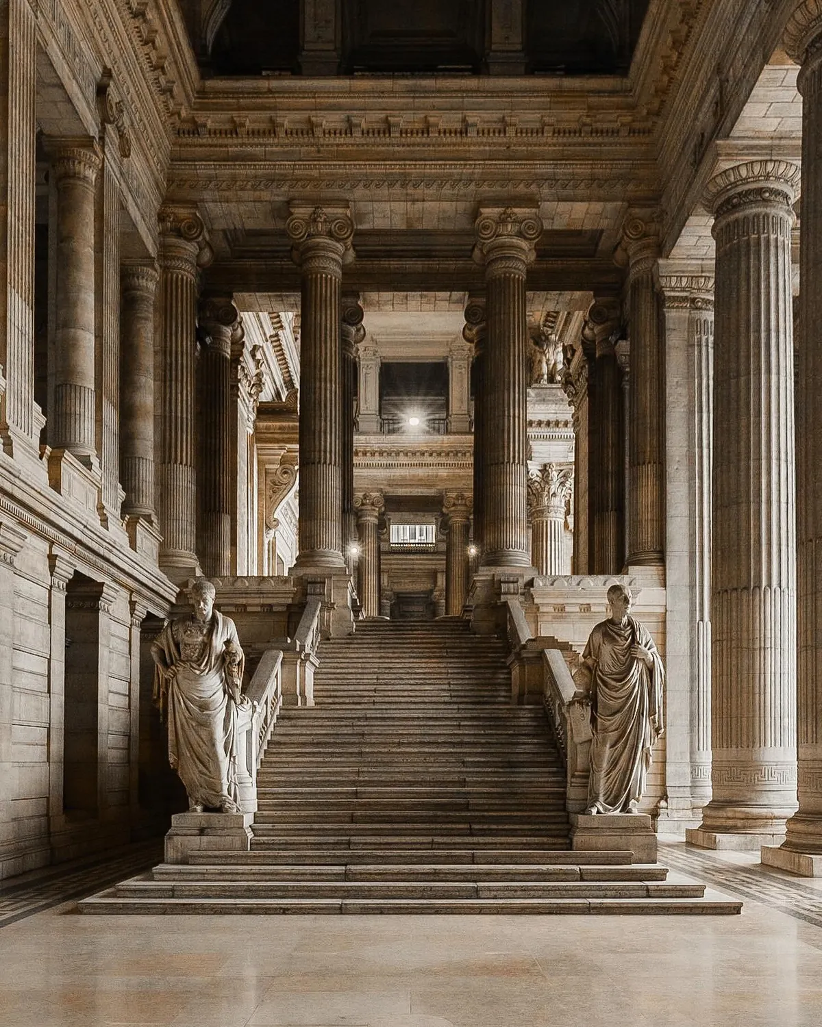 Marble staircase in the Eclectic and Neoclassical Palace of Justice inaugurated on 1883, Brussels, Belgium.