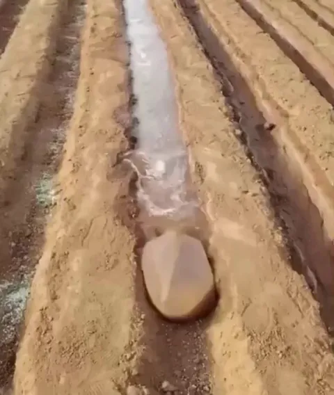 Farmer using a plastic bag to slow down the flow of water so the soil absorbs it more effectively