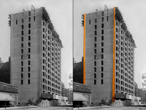 Monadnock Building's thick wall, from 6'(183cm) at bottom to 1½'(46cm) on top