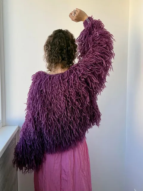 What do you think about this color combination: an eggplant shaggy cardigan and a hot pink skirt? Or should I pair this eggplant shaggy cardigan with more subdued colors? By the way, I knitted this shaggy cardigan.