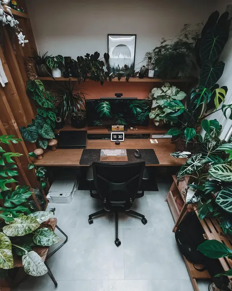 My custom oak desk + tropical jungle setup under a skylight 🌿