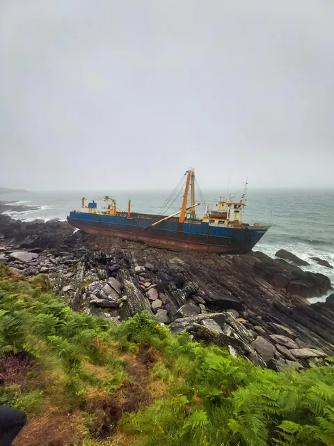 The M.V. Alta ghost ship wreck shortly after running aground on the rocks in Cork, Ireland