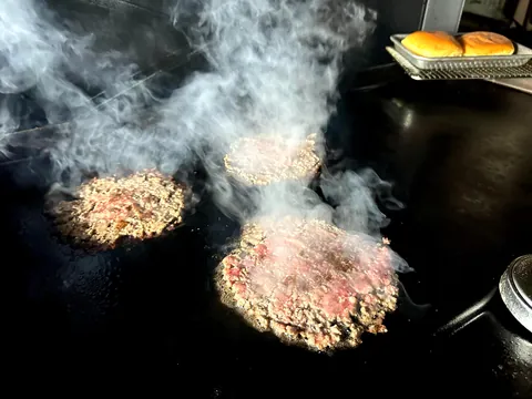 Bacon double smash burger with [homemade] mustard pickles